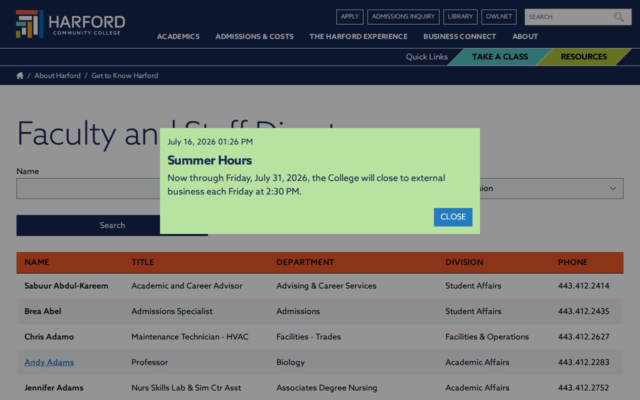 Bel Air North people directories search at Harford Community College