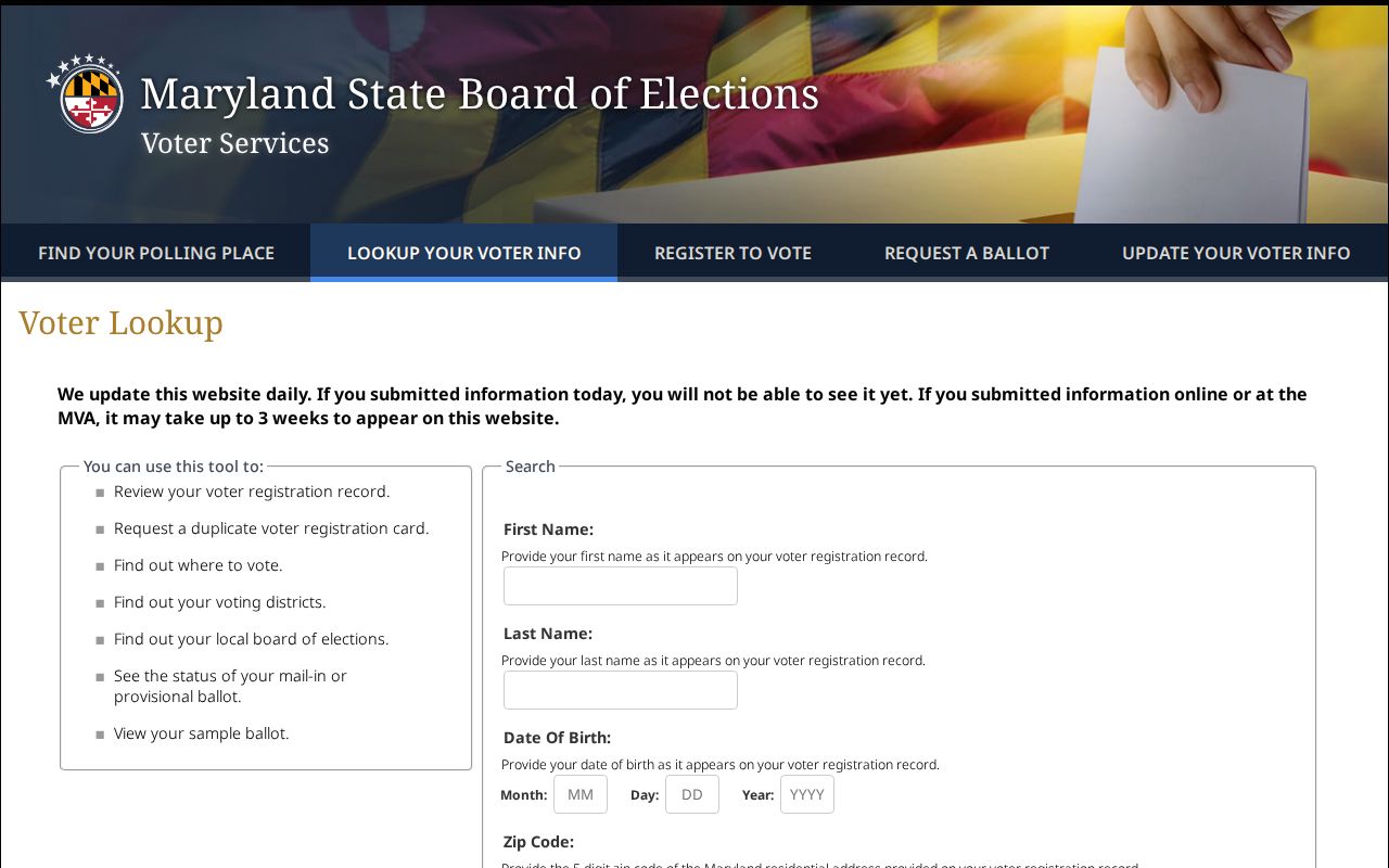 Bel Air North voter registration lookup fields on Maryland voter service